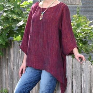 CTC Linen Mesh Tie Long Sleeve Burgundy Red Oversized Tunic Top Blouse Size M